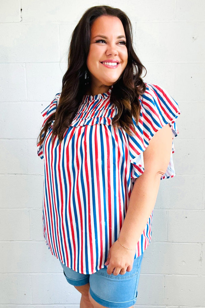 American Red White & Blue Stripe Shirred Yoke Neck Top-Timber Brooke Boutique, Online Women's Fashion Boutique in Amarillo, Texas