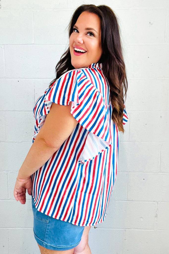 American Red White & Blue Stripe Shirred Yoke Neck Top-Timber Brooke Boutique, Online Women's Fashion Boutique in Amarillo, Texas