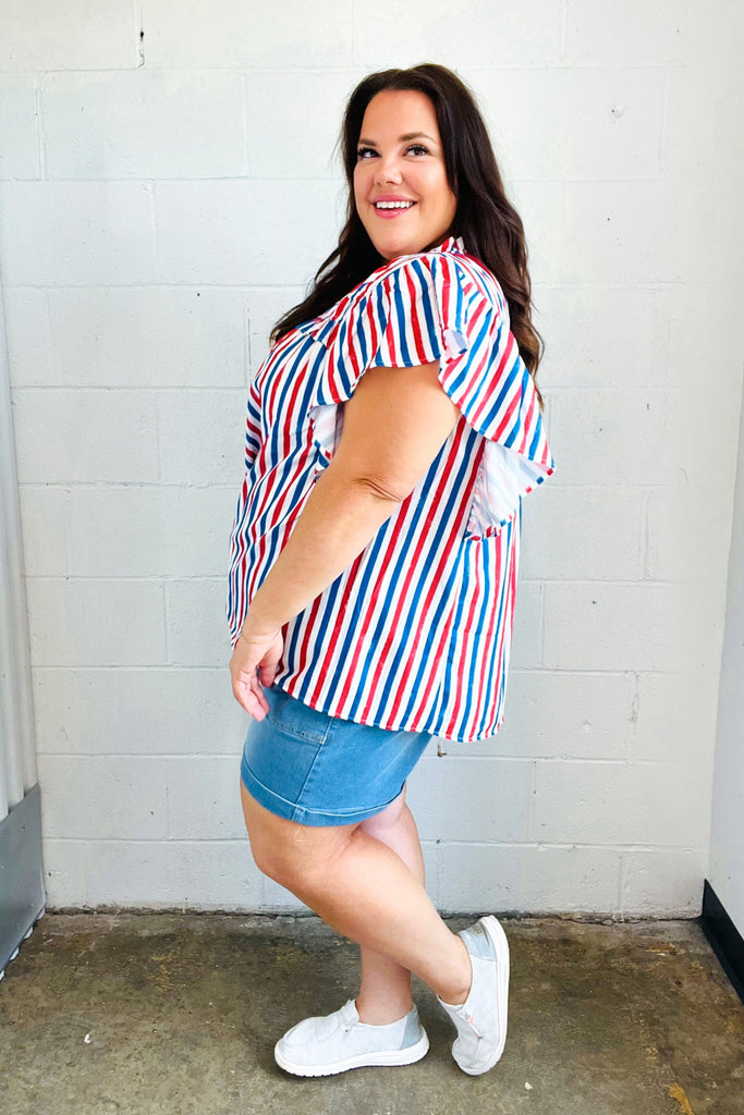 American Red White & Blue Stripe Shirred Yoke Neck Top-Timber Brooke Boutique, Online Women's Fashion Boutique in Amarillo, Texas