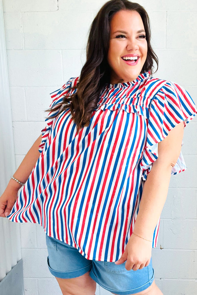 American Red White & Blue Stripe Shirred Yoke Neck Top-Timber Brooke Boutique, Online Women's Fashion Boutique in Amarillo, Texas