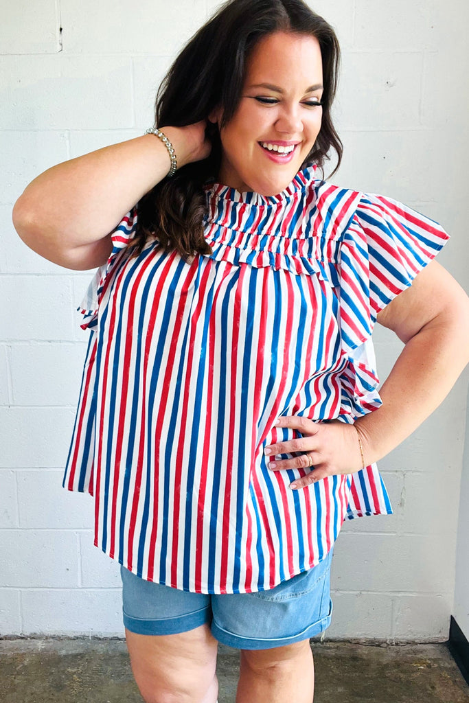 American Red White & Blue Stripe Shirred Yoke Neck Top-Timber Brooke Boutique, Online Women's Fashion Boutique in Amarillo, Texas