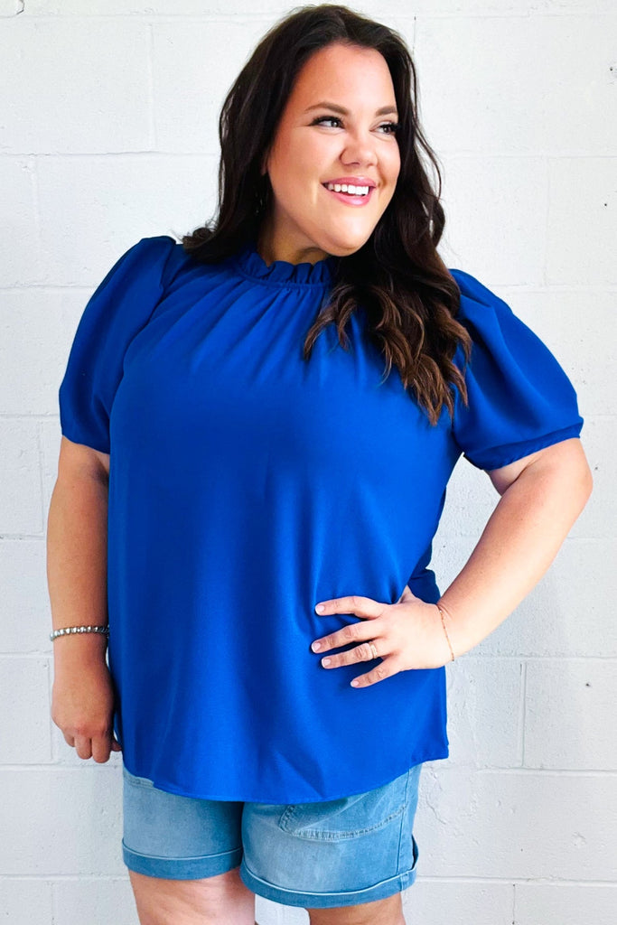 Lovely In Holiday Blue Frill Mock Neck Woven Top-Timber Brooke Boutique, Online Women's Fashion Boutique in Amarillo, Texas