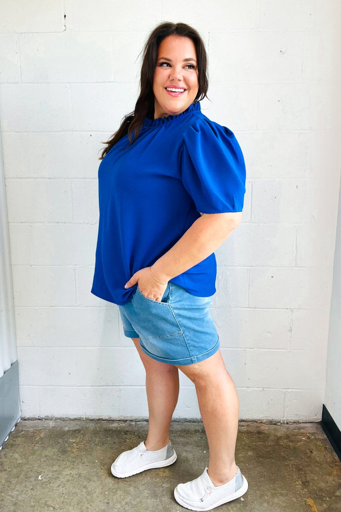 Lovely In Holiday Blue Frill Mock Neck Woven Top-Timber Brooke Boutique, Online Women's Fashion Boutique in Amarillo, Texas