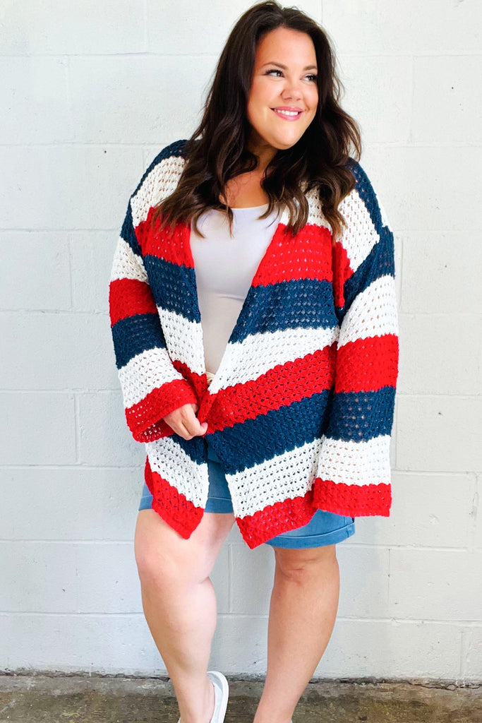 Simply Patriotic Red White & Blue Striped Crochet Cardigan-Timber Brooke Boutique, Online Women's Fashion Boutique in Amarillo, Texas