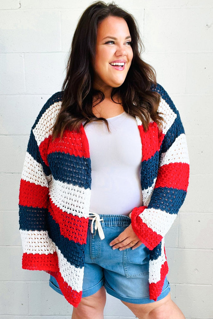 Simply Patriotic Red White & Blue Striped Crochet Cardigan-Timber Brooke Boutique, Online Women's Fashion Boutique in Amarillo, Texas