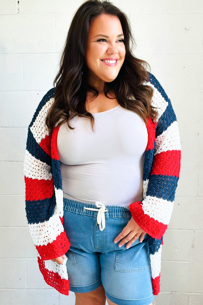 Simply Patriotic Red White & Blue Striped Crochet Cardigan-Timber Brooke Boutique, Online Women's Fashion Boutique in Amarillo, Texas