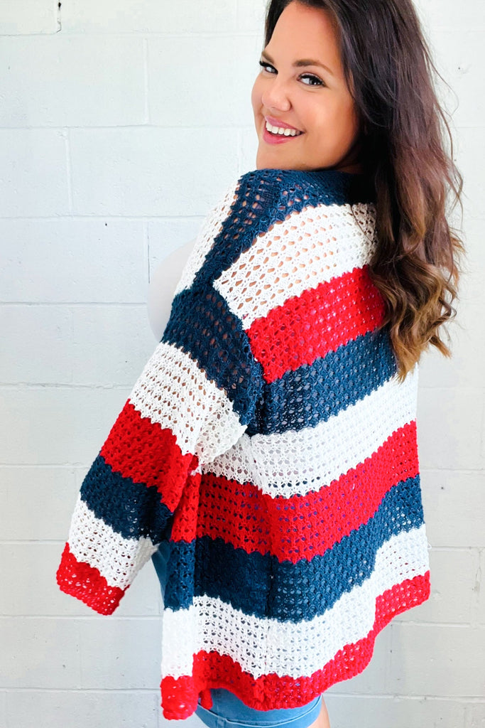 Simply Patriotic Red White & Blue Striped Crochet Cardigan-Timber Brooke Boutique, Online Women's Fashion Boutique in Amarillo, Texas