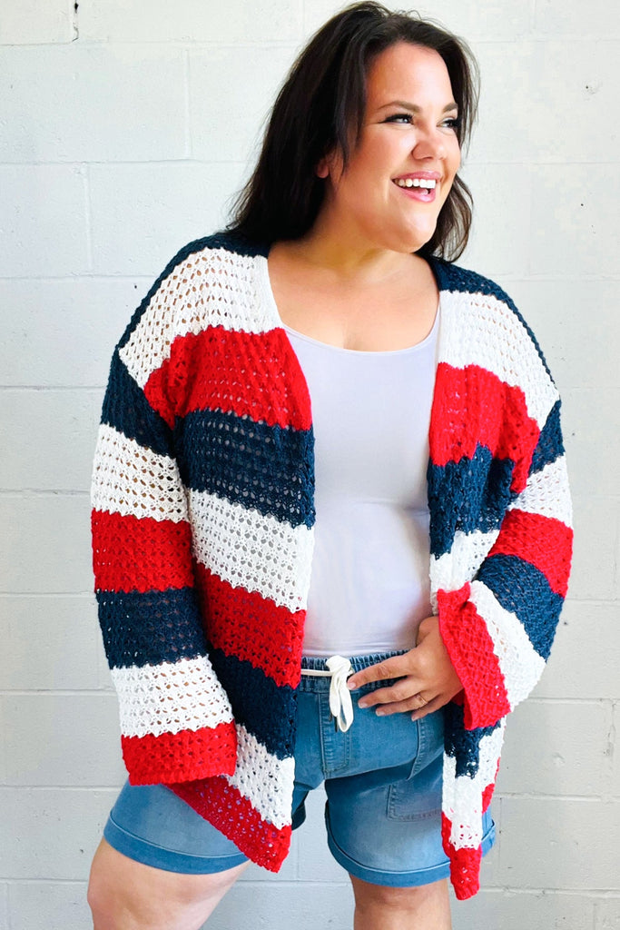 Simply Patriotic Red White & Blue Striped Crochet Cardigan-Timber Brooke Boutique, Online Women's Fashion Boutique in Amarillo, Texas