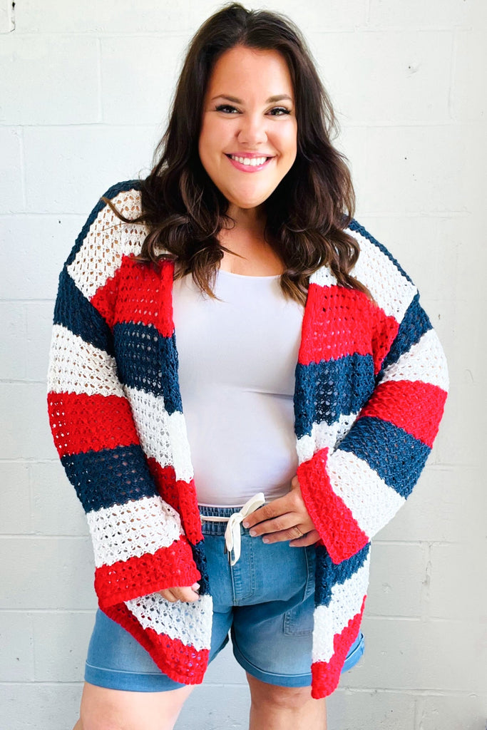 Simply Patriotic Red White & Blue Striped Crochet Cardigan-Timber Brooke Boutique, Online Women's Fashion Boutique in Amarillo, Texas