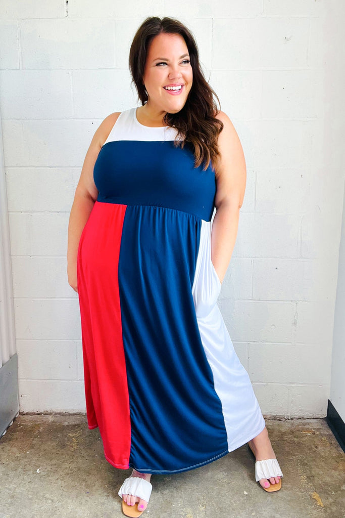 Patriotic Color Block Fit & Flare Maxi Dress-Timber Brooke Boutique, Online Women's Fashion Boutique in Amarillo, Texas