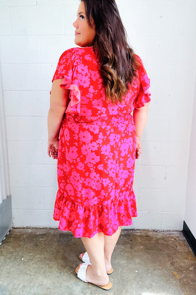 Remember Me Red & Pink Floral Print Smocked Waist Midi Dress-Timber Brooke Boutique, Online Women's Fashion Boutique in Amarillo, Texas