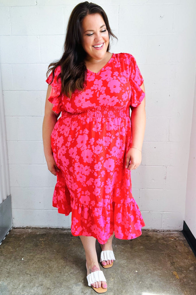 Remember Me Red & Pink Floral Print Smocked Waist Midi Dress-Timber Brooke Boutique, Online Women's Fashion Boutique in Amarillo, Texas