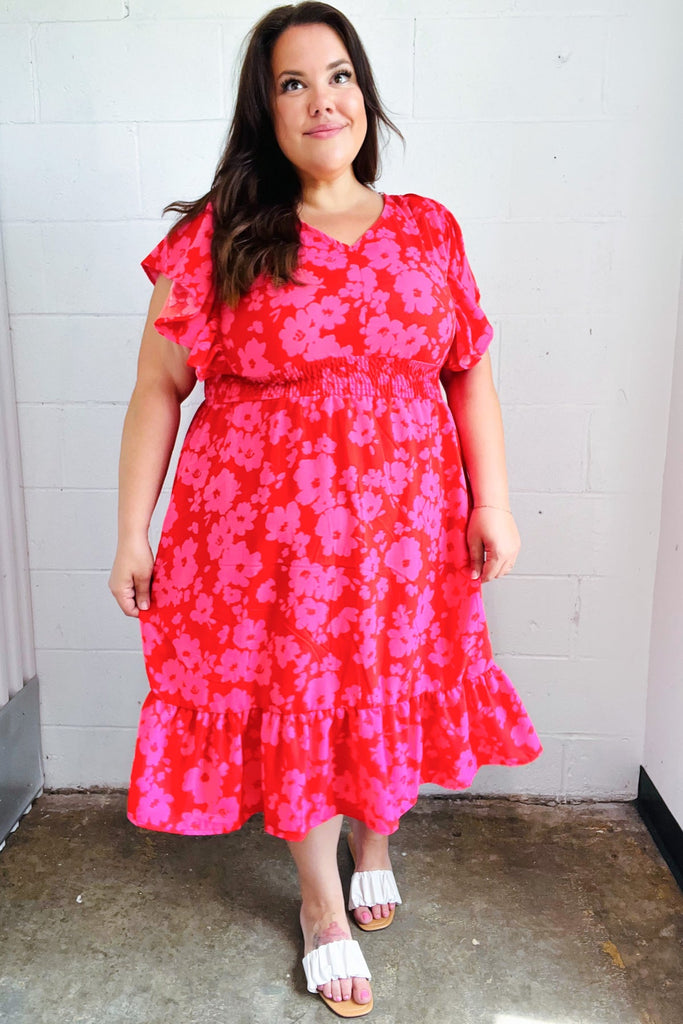 Remember Me Red & Pink Floral Print Smocked Waist Midi Dress-Timber Brooke Boutique, Online Women's Fashion Boutique in Amarillo, Texas