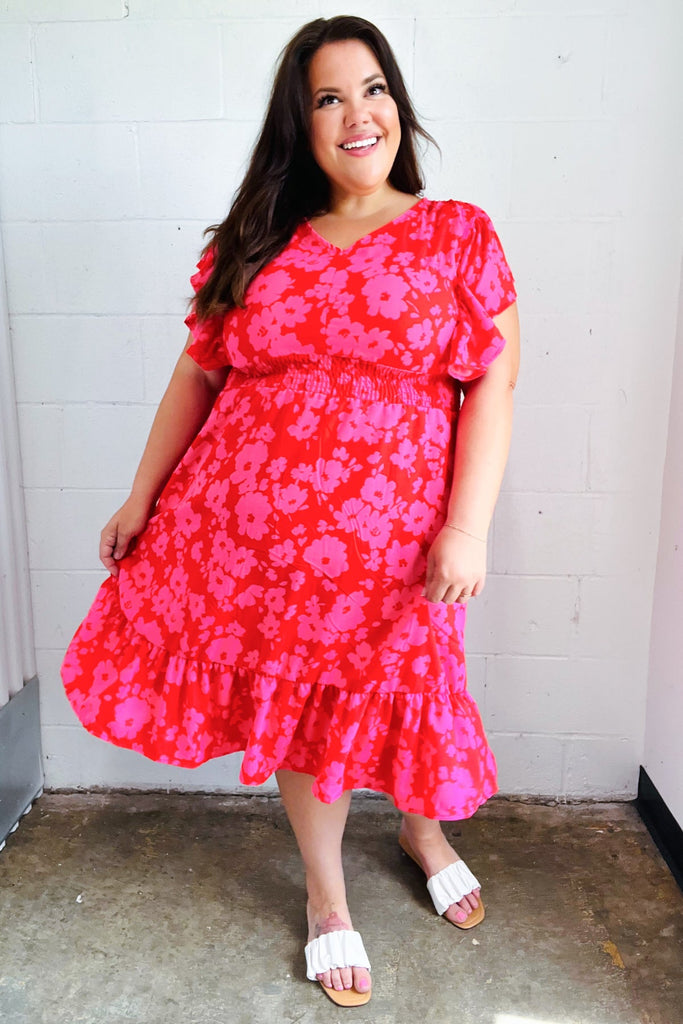 Remember Me Red & Pink Floral Print Smocked Waist Midi Dress-Timber Brooke Boutique, Online Women's Fashion Boutique in Amarillo, Texas