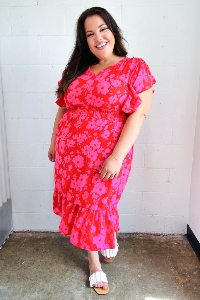 Remember Me Red & Pink Floral Print Smocked Waist Midi Dress-Timber Brooke Boutique, Online Women's Fashion Boutique in Amarillo, Texas