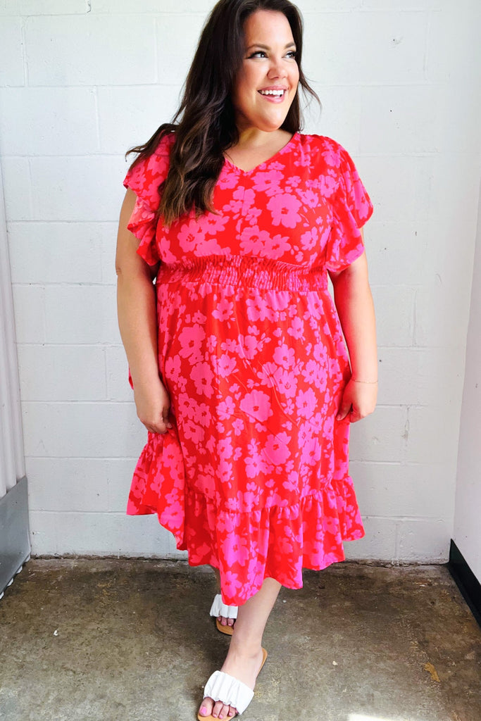 Remember Me Red & Pink Floral Print Smocked Waist Midi Dress-Timber Brooke Boutique, Online Women's Fashion Boutique in Amarillo, Texas