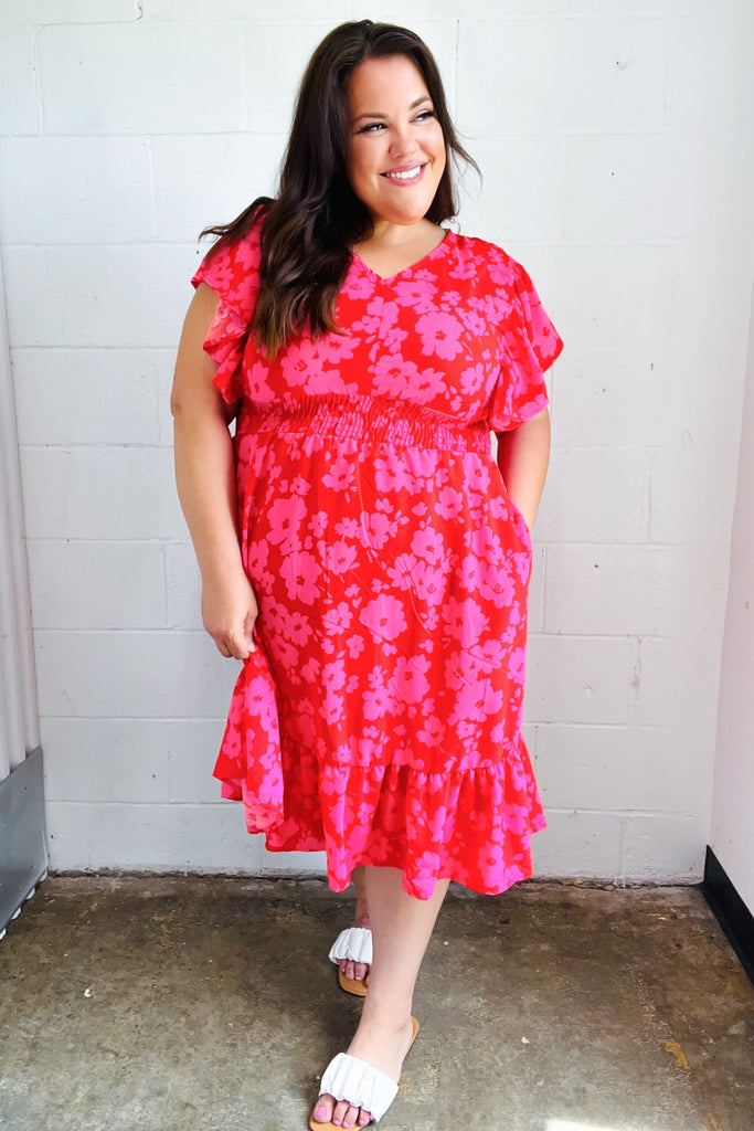 Remember Me Red & Pink Floral Print Smocked Waist Midi Dress-Timber Brooke Boutique, Online Women's Fashion Boutique in Amarillo, Texas