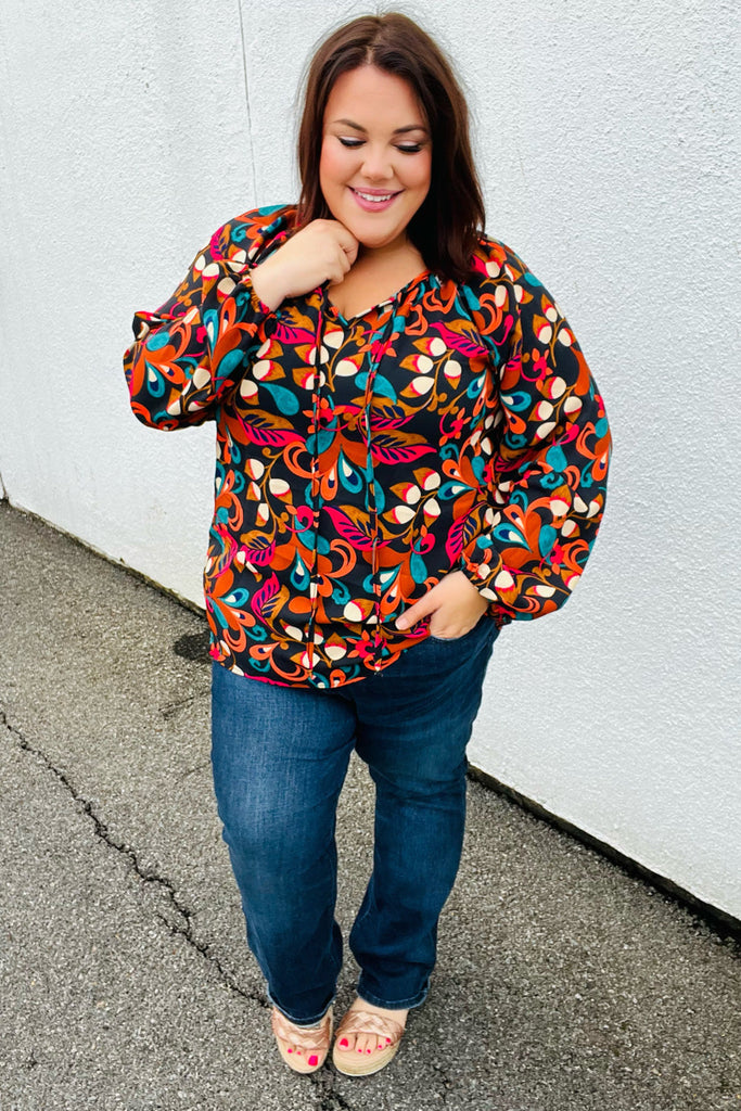 Magenta & Rust Boho Floral Bubble Sleeve Top-Timber Brooke Boutique, Online Women's Fashion Boutique in Amarillo, Texas