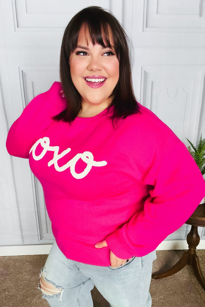 Love In the Air Fuchsia "Xoxo" Embroidered Sweater-Timber Brooke Boutique, Online Women's Fashion Boutique in Amarillo, Texas