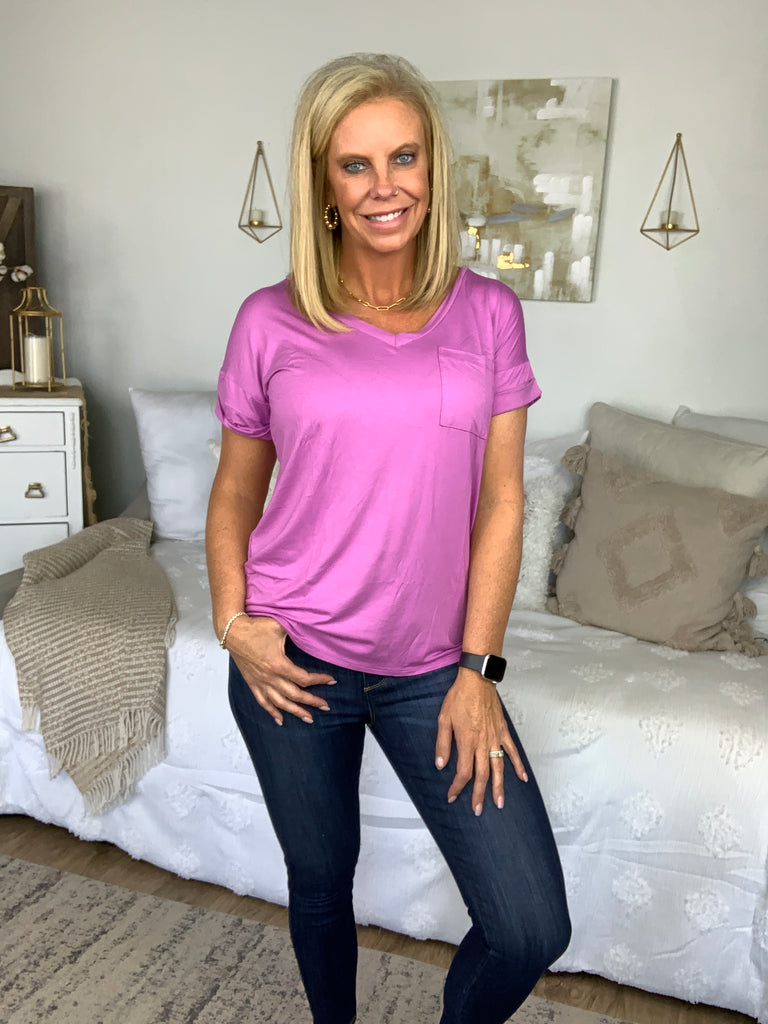 DOORBUSTER! Solid Pocket Tee-Short Sleeve Top-Timber Brooke Boutique, Online Women's Fashion Boutique in Amarillo, Texas