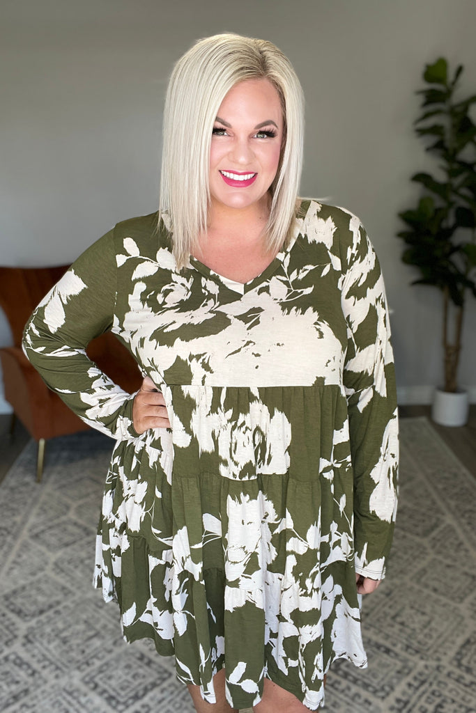 Worthwhile Moment Floral Tiered Dress In Olive-Dresses-Timber Brooke Boutique, Online Women's Fashion Boutique in Amarillo, Texas