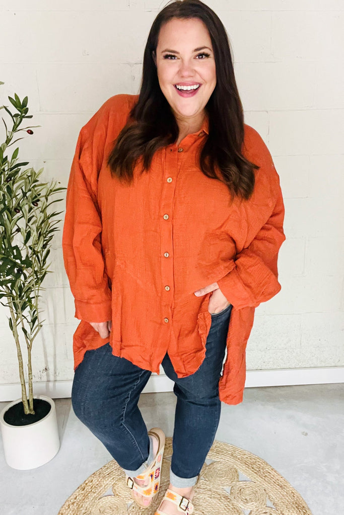 Everyday Rust Button Down Sharkbite Cotton Tunic Top-Timber Brooke Boutique, Online Women's Fashion Boutique in Amarillo, Texas