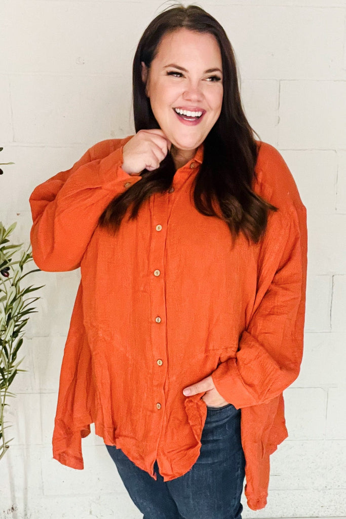 Everyday Rust Button Down Sharkbite Cotton Tunic Top-Timber Brooke Boutique, Online Women's Fashion Boutique in Amarillo, Texas