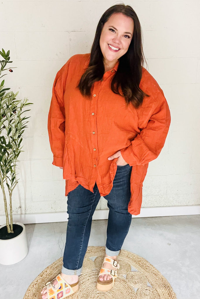 Everyday Rust Button Down Sharkbite Cotton Tunic Top-Timber Brooke Boutique, Online Women's Fashion Boutique in Amarillo, Texas