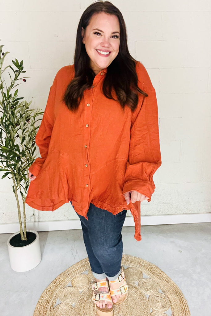 Everyday Rust Button Down Sharkbite Cotton Tunic Top-Timber Brooke Boutique, Online Women's Fashion Boutique in Amarillo, Texas