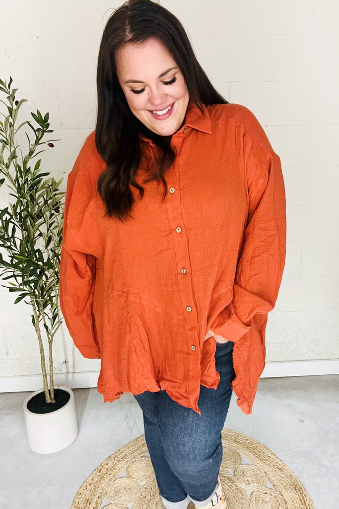 Everyday Rust Button Down Sharkbite Cotton Tunic Top-Timber Brooke Boutique, Online Women's Fashion Boutique in Amarillo, Texas