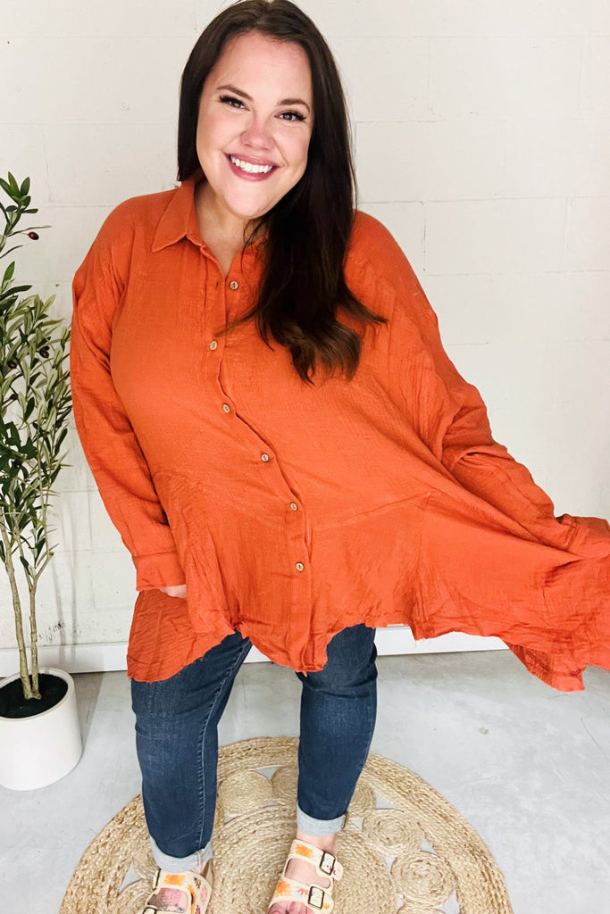 Everyday Rust Button Down Sharkbite Cotton Tunic Top-Timber Brooke Boutique, Online Women's Fashion Boutique in Amarillo, Texas