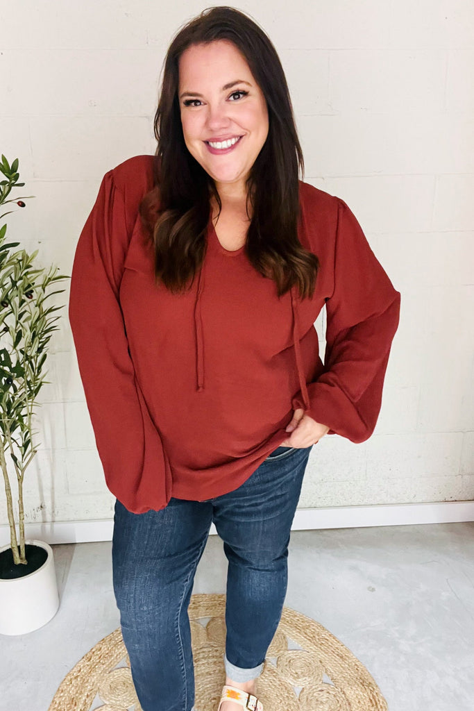 Feeling Femme Burgundy Frilled Edge V Neck Tie Top-Timber Brooke Boutique, Online Women's Fashion Boutique in Amarillo, Texas