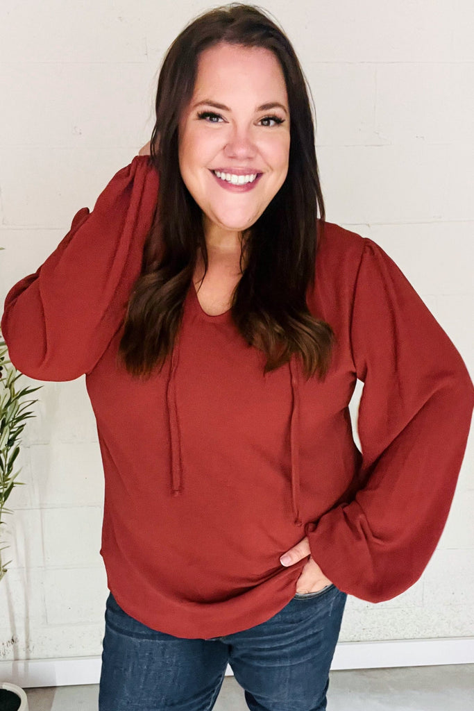 Feeling Femme Burgundy Frilled Edge V Neck Tie Top-Timber Brooke Boutique, Online Women's Fashion Boutique in Amarillo, Texas