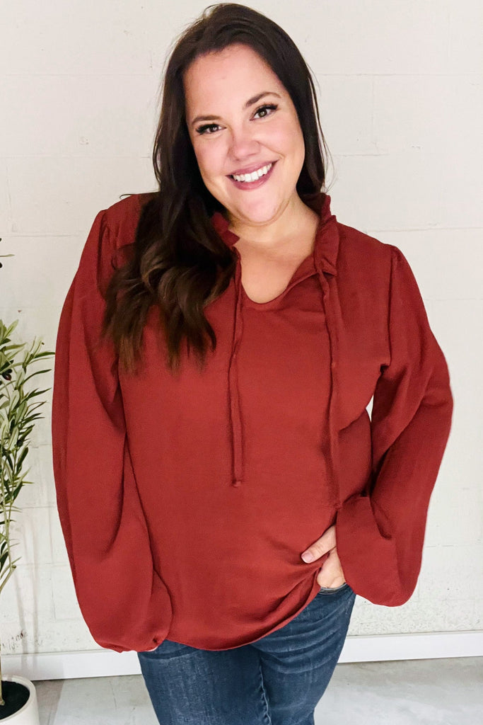 Feeling Femme Burgundy Frilled Edge V Neck Tie Top-Timber Brooke Boutique, Online Women's Fashion Boutique in Amarillo, Texas