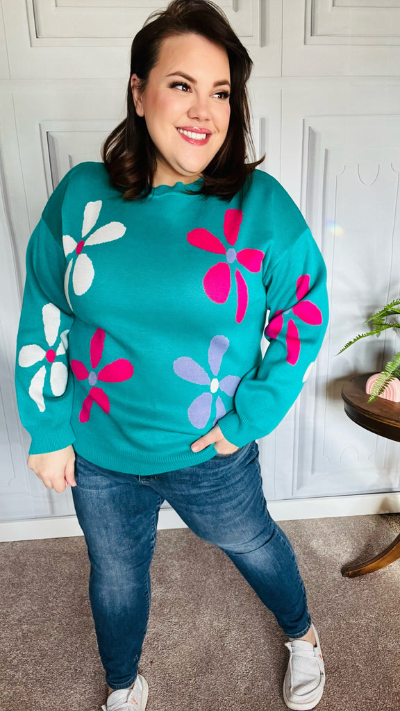 Adorable Turquoise Daisy Flower Jacquard Pullover Sweater-Timber Brooke Boutique, Online Women's Fashion Boutique in Amarillo, Texas