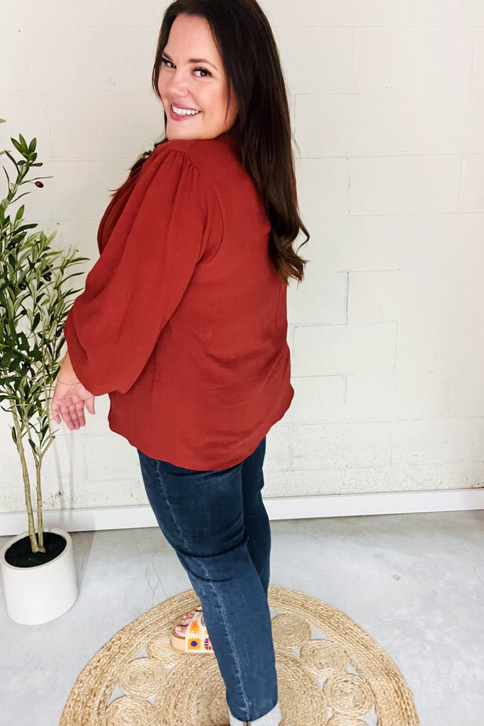 Feeling Femme Burgundy Frilled Edge V Neck Tie Top-Timber Brooke Boutique, Online Women's Fashion Boutique in Amarillo, Texas