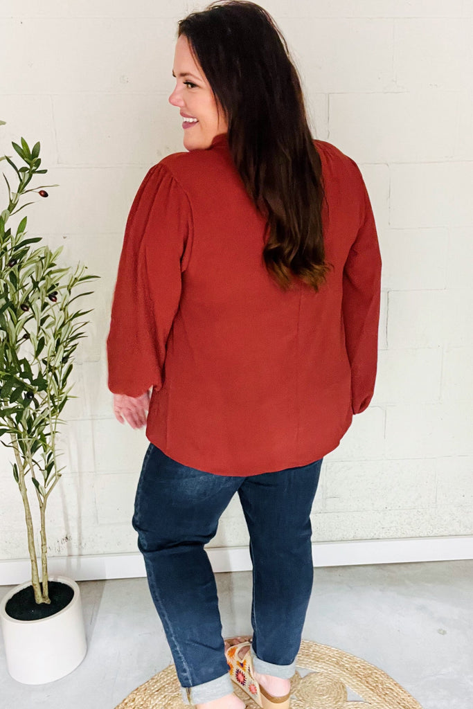 Feeling Femme Burgundy Frilled Edge V Neck Tie Top-Timber Brooke Boutique, Online Women's Fashion Boutique in Amarillo, Texas