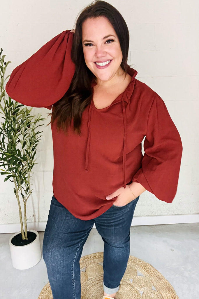 Feeling Femme Burgundy Frilled Edge V Neck Tie Top-Timber Brooke Boutique, Online Women's Fashion Boutique in Amarillo, Texas