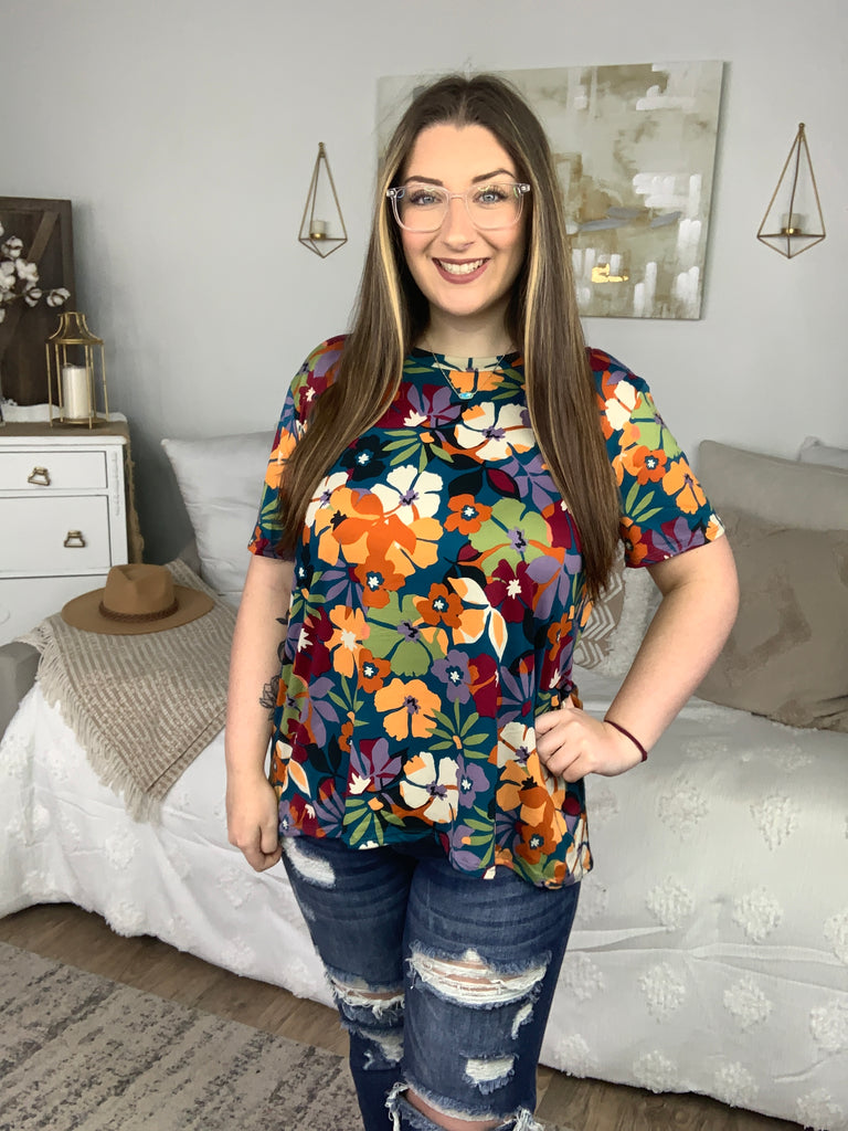 Teal & Maroon Flat Floral Print Top-Short Sleeve Top-Timber Brooke Boutique, Online Women's Fashion Boutique in Amarillo, Texas