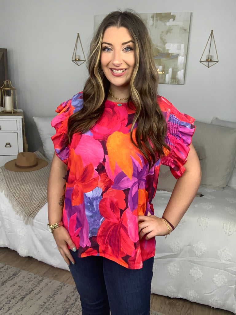 Red & Fuchsia Floral Smocked Ruffle Sleeve Top-Short Sleeve Top-Timber Brooke Boutique, Online Women's Fashion Boutique in Amarillo, Texas