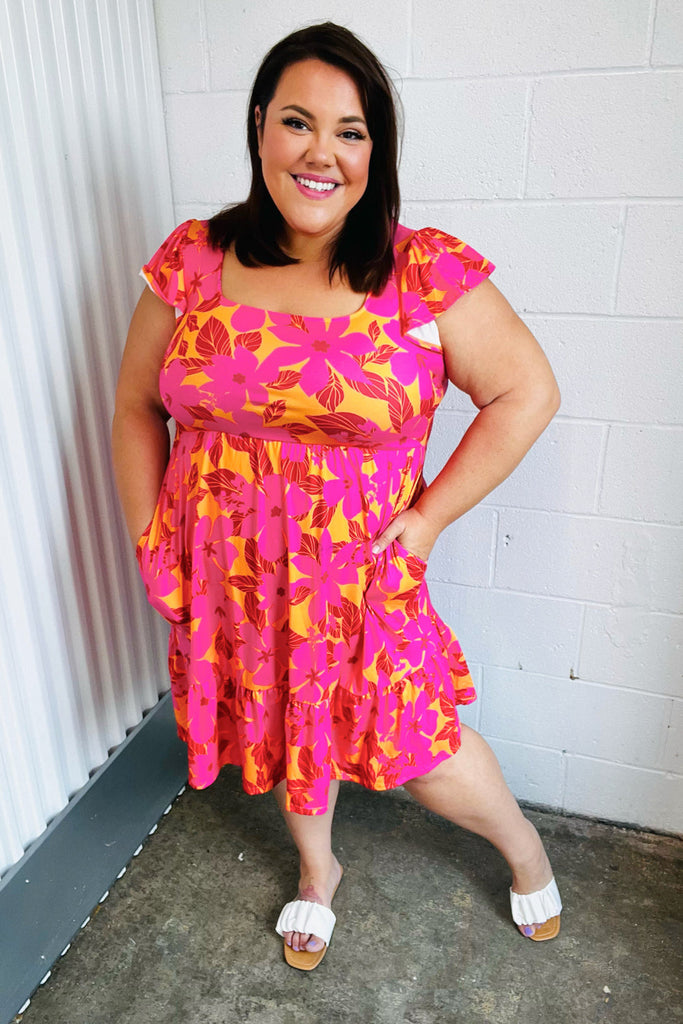 Fuchsia & Orange Tropical Floral Square Neck Dress-Timber Brooke Boutique, Online Women's Fashion Boutique in Amarillo, Texas