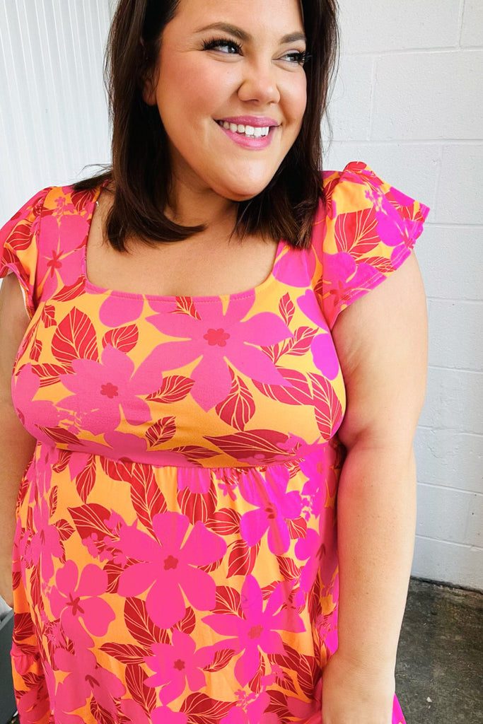 Fuchsia & Orange Tropical Floral Square Neck Dress-Timber Brooke Boutique, Online Women's Fashion Boutique in Amarillo, Texas