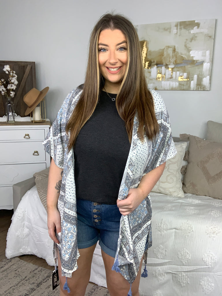 Justin Taylor Paisley Design Kimono in Gray-Cardigans and Wraps-Timber Brooke Boutique, Online Women's Fashion Boutique in Amarillo, Texas