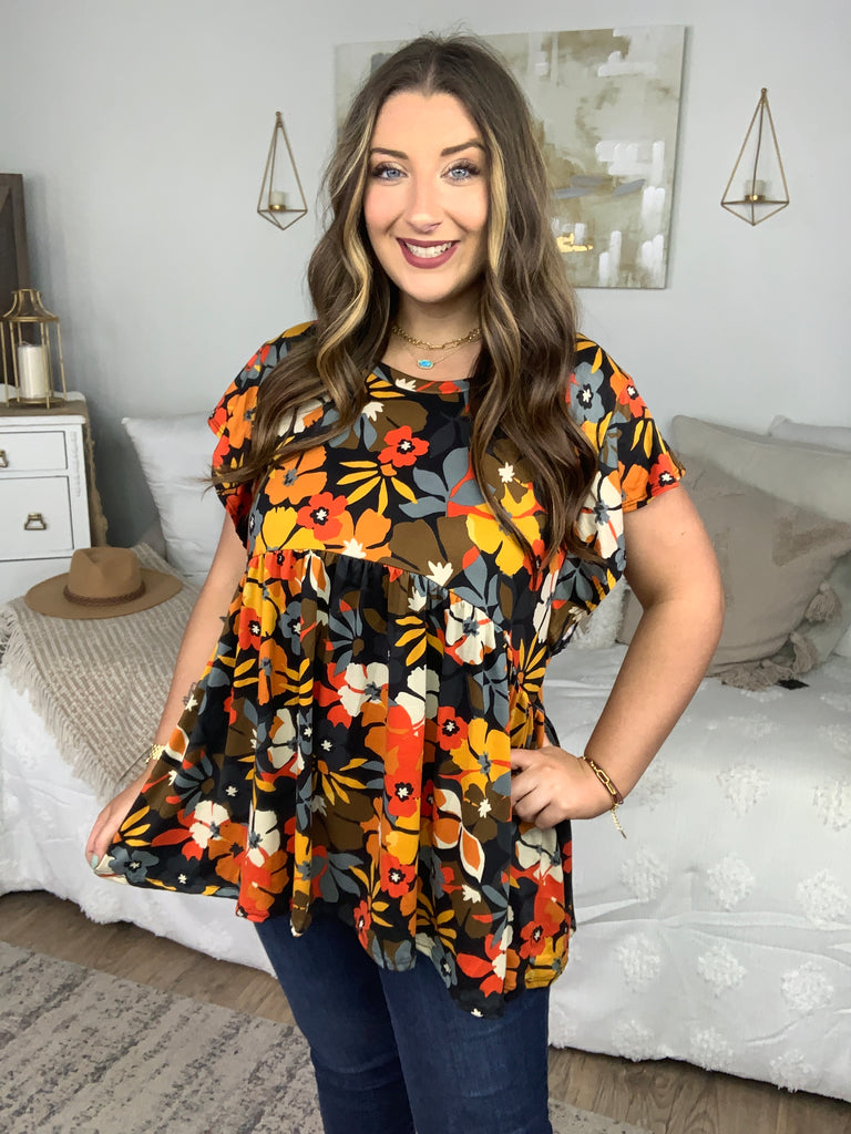 Burnt Orange Flat Floral Print Ruffle Sleeve Babydoll Top-Short Sleeve Top-Timber Brooke Boutique, Online Women's Fashion Boutique in Amarillo, Texas