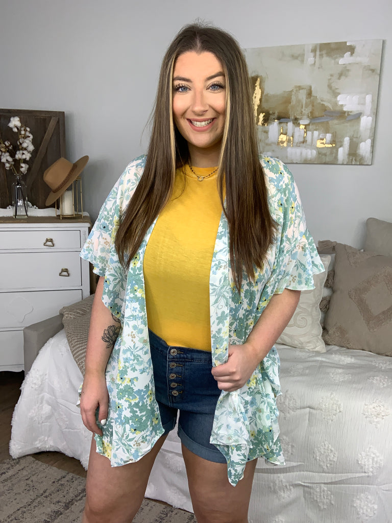 Justin Taylor Fields of Poppy Floral Kimono in Green-Cardigans and Wraps-Timber Brooke Boutique, Online Women's Fashion Boutique in Amarillo, Texas