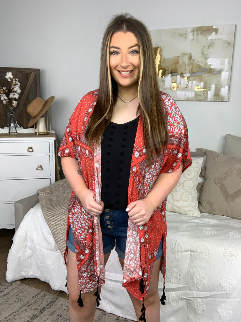 Justin Taylor Paisley Design Kimono in Red-Cardigans and Wraps-Timber Brooke Boutique, Online Women's Fashion Boutique in Amarillo, Texas