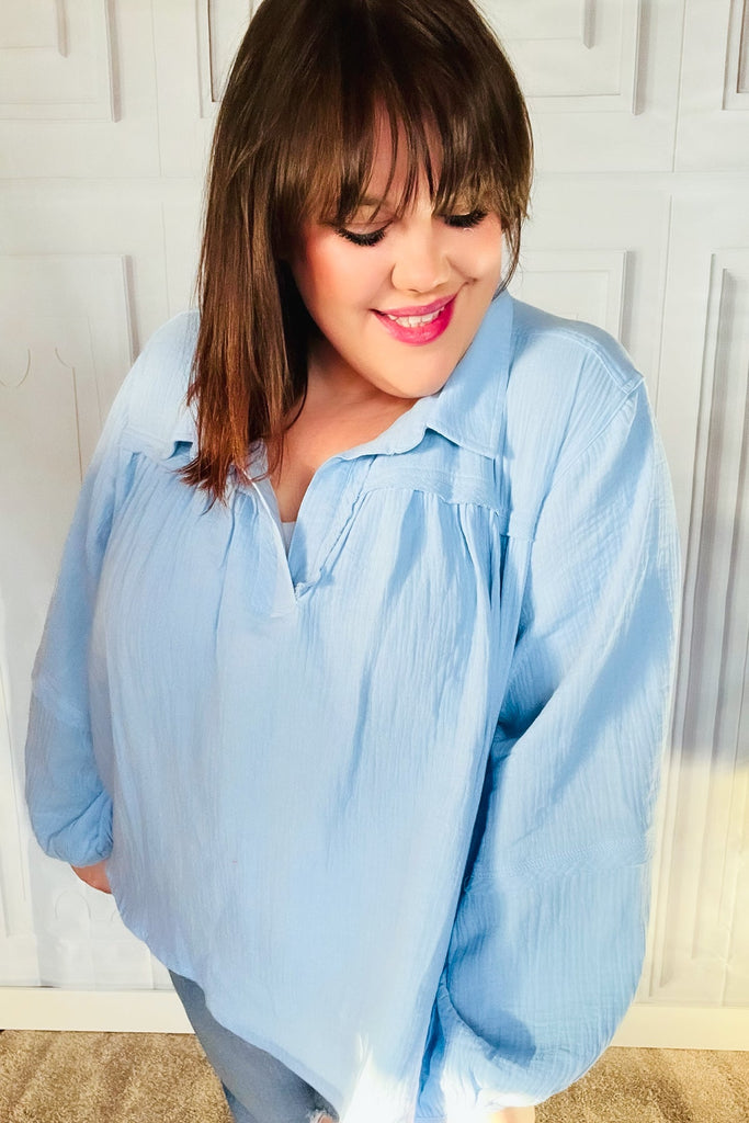 All Of Me Blue Collared Notched Neckline Cotton Top-Timber Brooke Boutique, Online Women's Fashion Boutique in Amarillo, Texas