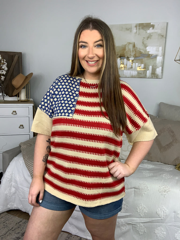 American Flag Jacquard Knit Sweater Top-Short Sleeve Top-Timber Brooke Boutique, Online Women's Fashion Boutique in Amarillo, Texas