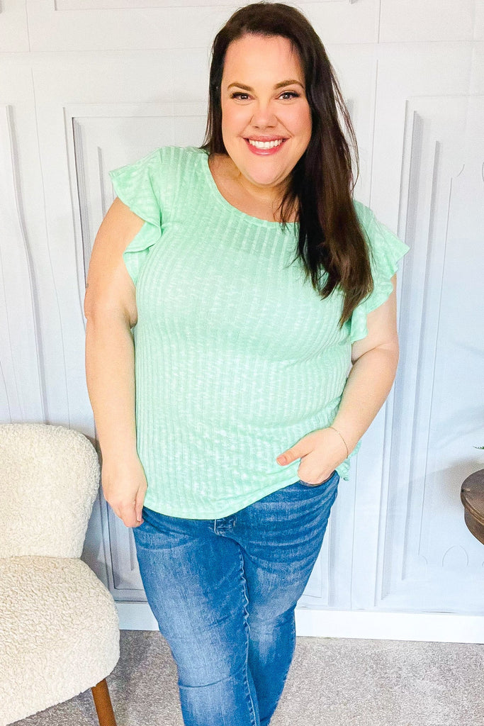 Hello Beautiful Mint Two-Tone Wide Rib Ruffle Sleeve Top-Timber Brooke Boutique, Online Women's Fashion Boutique in Amarillo, Texas