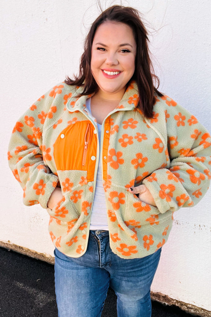 Spice Of Life Sage Flower Print Sherpa Button Down Jacket-Timber Brooke Boutique, Online Women's Fashion Boutique in Amarillo, Texas